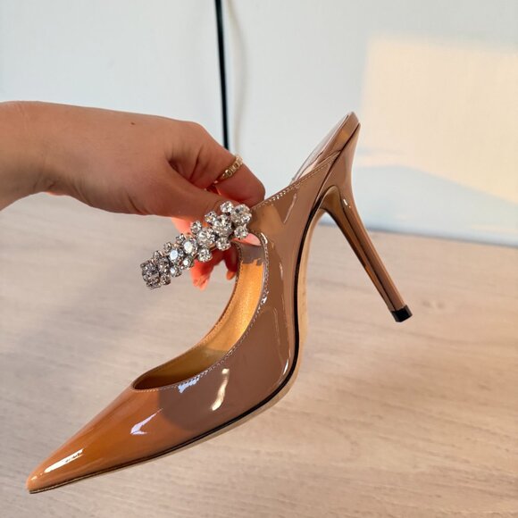 Jimmy Choo Bing 100 Mules Nude Patent Leather Crystal Embellished Pointed Toe - Picture 7 of 11